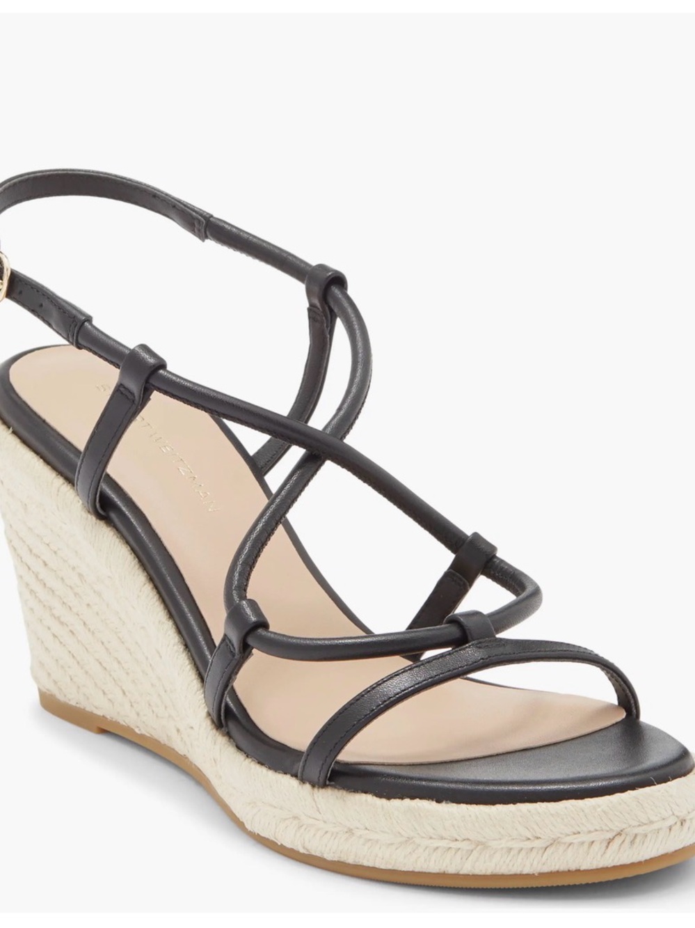 Stuart Weitzman Black Leather Strappy Espadrille Wedge Sandal